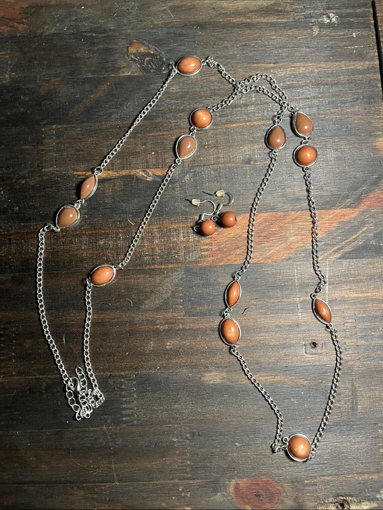 Jewelry - Silver-Tone Necklace & Earrings Set with Brown Cabochon Stones